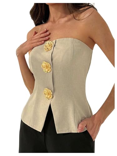 Women's Flower Metallic Sleeveless Bandeau Split Hem Strapless Tube Top