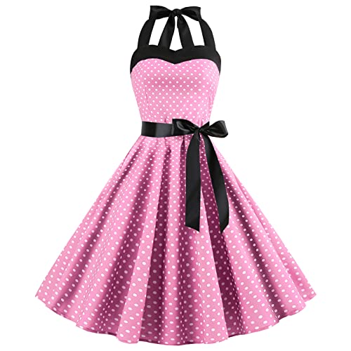 Vintage Women 1950s Rockabilly Swing Dress Pinup 50s Retro Hepburn Style Halterneck A-Line Dresses
