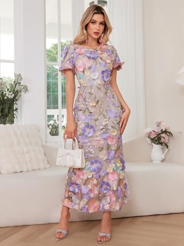 Women's 3D Floral Embroidery Dress Ruffle Sleeve Fishtail Lace Bodycon Party Cocktail Mixi Dress