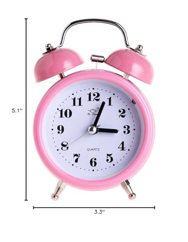 Cute Heart Shapes Twin Bell Loud Alarm Clock Silent Analog Quartz Nightlight Tableclock Battery Operated for Kids, Seniors, Heavy Sleepers, Decorations for Bedroom, Living Room 3 Inches