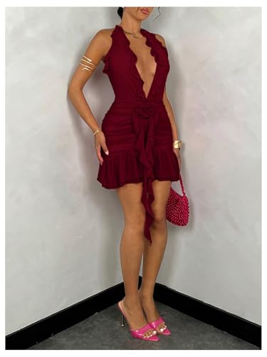 Women's 3D Floral Ruffle Mesh Halter Sleeveless Tie Backless Ruched Bodycon Mini Dress