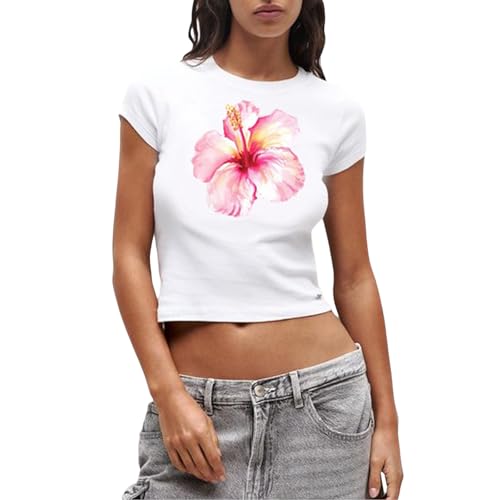 Women Hawaii Baby Tees Y2K Short Sleeve Crewneck Aesthetic Graphic Slim Fit Crop Tops