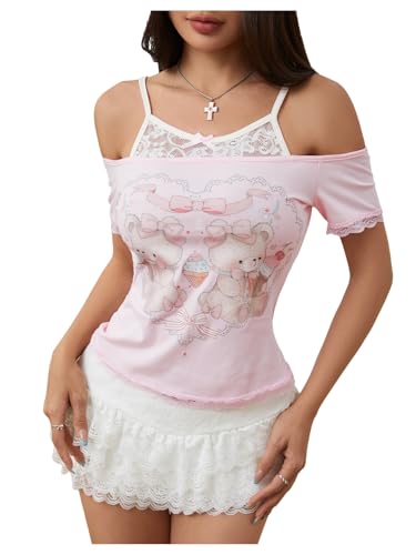 Women's Y2K Coquette Aesthetic Crop Tops Summer Kawaii Clothes Cute Lace Bow Cold Shoulder Graphic Tees