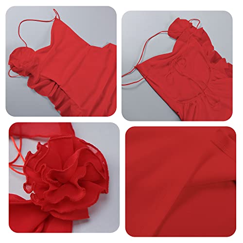 Women's Y2k Backless Ruffle Trim 3D Flower Sexy Sleeveless Strap Halter Bodycon Mini Dress