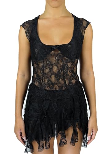 Women Y2K Lace 2 Piece Skirt Set Floral Lace Fitted Crop Cami Top See Through Low Waist Skirt Outfit Streetwear