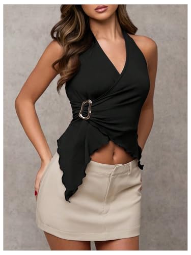 Women's Wrap V Neck Buckle Halter Top Ruched Asymmetrical Sleeveless Tops