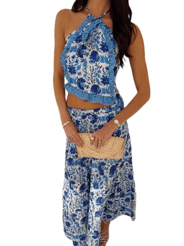 Womens 2 Piece Maxi Skirt Set Y2k Halter Ruched Cami Top Tiered Flowy Ruffle Skirt Outfit