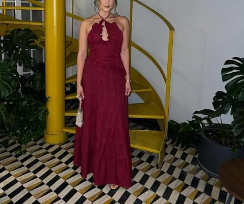 Womens 2 Piece Maxi Skirt Set Y2k Halter Ruched Cami Top Tiered Flowy Ruffle Skirt Outfit