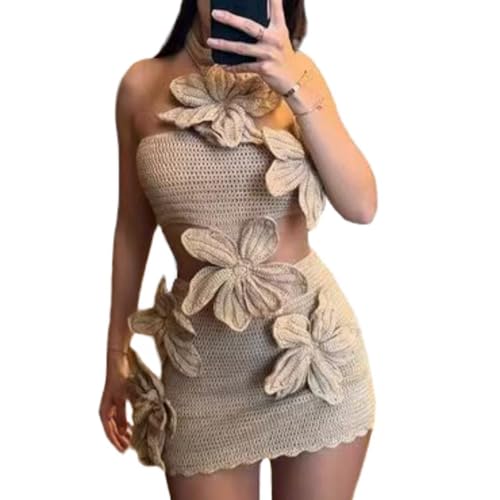 Women Halter Hollow Out Knitted Mini Dress Sexy Crochet 3D Flower Mini Dress