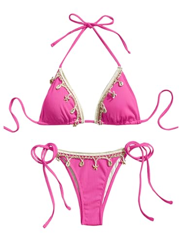 Women's 2 Piece Halter Triangle Bathing Suit Ribbed Bikini Swimsuits