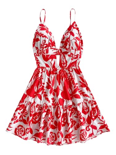 Women's Sleeveless Butterfly Print Cut Out V Neck Tiered Mini Cami Dresses