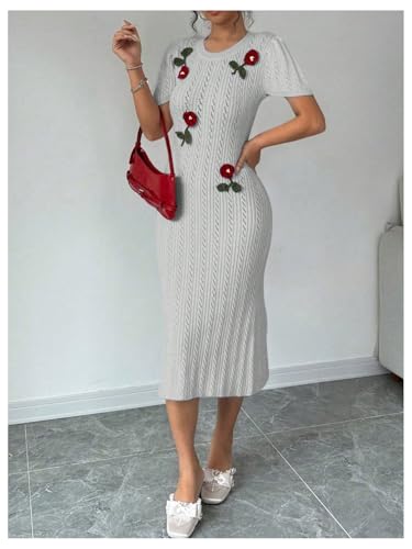 Women's 3D Flower Sweater Dress Crochet Short Sleeve Bodycon Mini Dresses