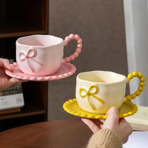 Coquette Bow Coffee Mug Personalized Set with Saucer Mug Porcelain Coffee Tea Cup 12oz
