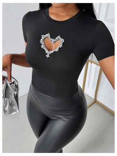 Women's Heart Rhinestone Cut Out Tee Shirts Casual Slim Fit Rib Knit Tops