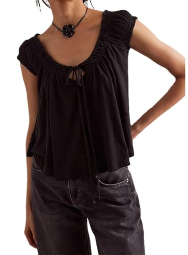 Y2K Short Sleeve Babydoll Tops for Women Cute Aesthetic U Neck Teen Girls Tshirt Ruffle Hem Patchwork Peplum Shirts