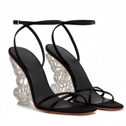 Rhinestone Butterfly Stilletos Heels Sandals for Women, Open Pointed High Heels Sandals Ankle Strap Buckles