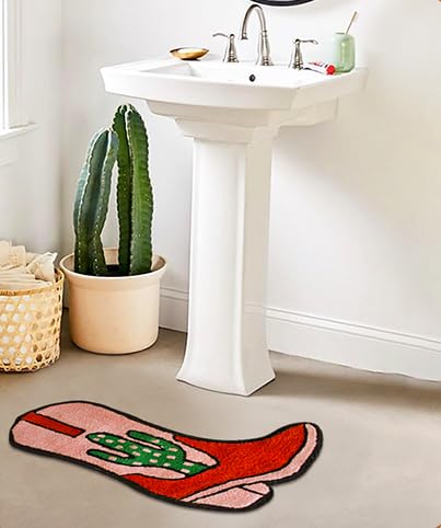 Cowboy Boot Bath Mat - Western Boot Shaped Rug with Pink, Rust, and Green Cactus Design - Water Absorbent (Boot Bath Mat)