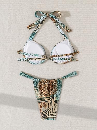 Women's Underwire Bikini Set 2 Piece Leopard Print Halter Bikini and Thong Brazilian Swimsuit Set