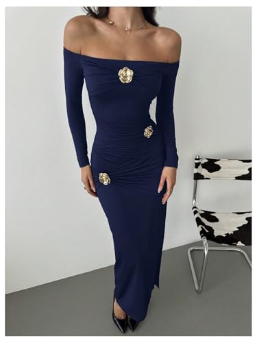 Women's Flower Off The Shoulder Bodycon Maxi Dress Long Sleeve Ruched Dresses Wedding Guest Going Out Dress