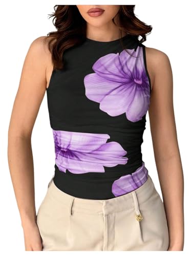Women's Flower Print Mesh Top Sleeveless Mock Neck Ruched Tank Tops