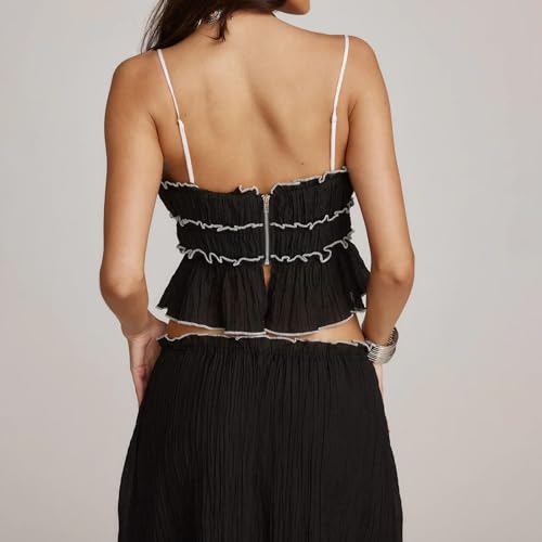 Women 2 Piece Outfits Y2k Sleeveless Lace Trim Cami Tops and Ruffle Ruched Maxi Skirt Matching Set