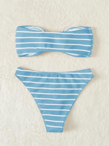 Women's 2 Piece Strapless Swimsuit Striped Bandeau High Waisted Thong Bikini Set Bathing Suit