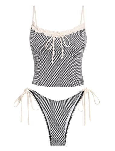 Tankini Swimsuits for Women Tie Front Tummy Control Spliced Ruffles Bikini Sets Two Piece Bathing Suits