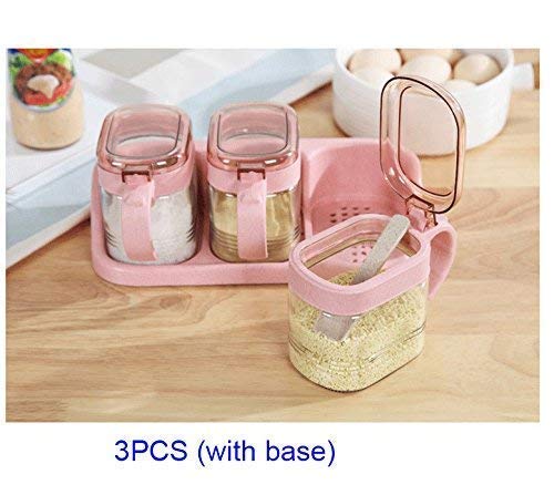 Pink Glass Transparent Spice Jar Seasoning Box Set Kitchen Container Tools Condiment Jars Cruet with Cover and Spoon Kitchen Utensils Supplies Salt Cellar with Lid (with base)
