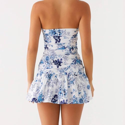 Women's Strapless 3D Flower Mini Dress Sexy Ruffle Short Tube Dress with 3DFloral Bodycon Backless Cocktail Party