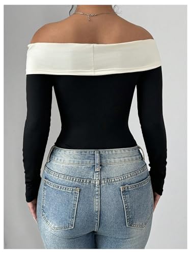 Women's Colorblock Bow Tie Off Shoulder Long Sleeve Bodysuit Elegant Tops