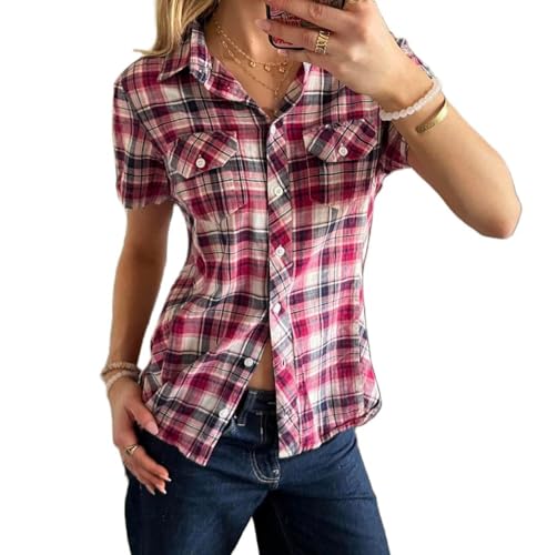 Y2k Fairy Plaid Button Down T Shirts Women Short Sleeve V Neck Aesthetic Tee Shirts Slim Fit Gingham Crop Top