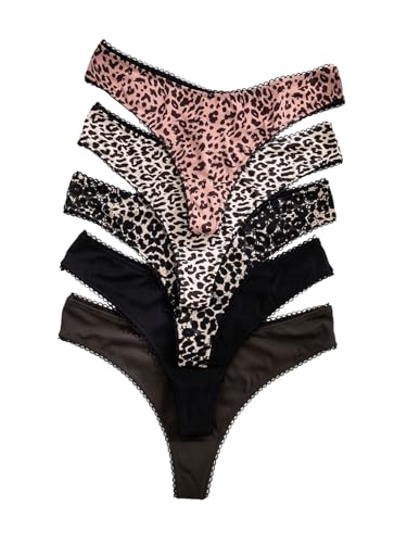 Women's 5 Pack Leopard Print Thongs Low Rise Panties Underwear Sets