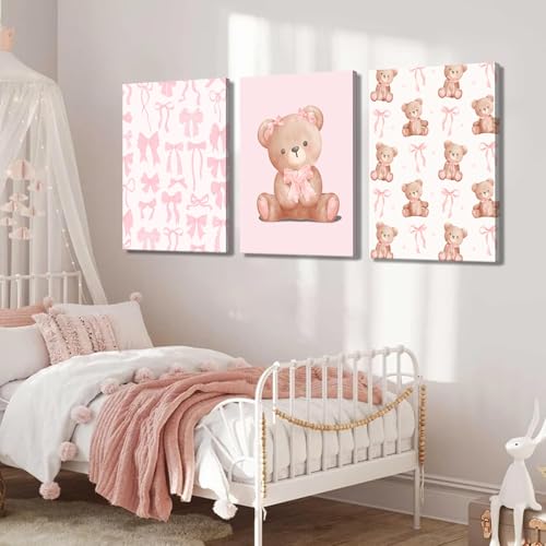Pink Teddy Bear Wall Art Coquette Bow Wall Decor Pictures Cute Animal Nursery Canvas Posters Prints 3Pcs