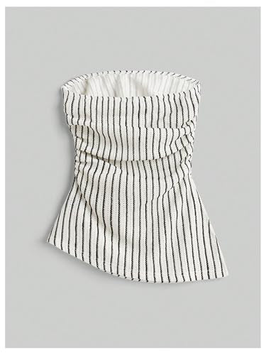 Women's Striped Print Bandeau Ruched Asymmetrical Hem Strapless Tube Top