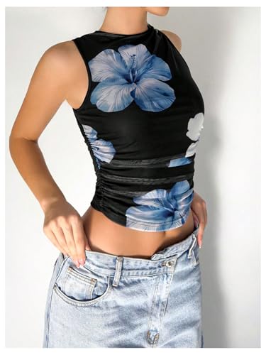 Women's Flower Print Mesh Top Sleeveless Mock Neck Ruched Tank Tops