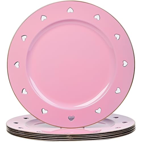 Round 13" Pink Charger Plates, Heart Hollow Chargers for Dinner Plates with Golden Border
