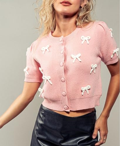 Women Short Sleeve Cardigans Cute Y2k Crop Tops Bow Tie Button Down Knitted Shirts Lightweight Cardigan Sweaters