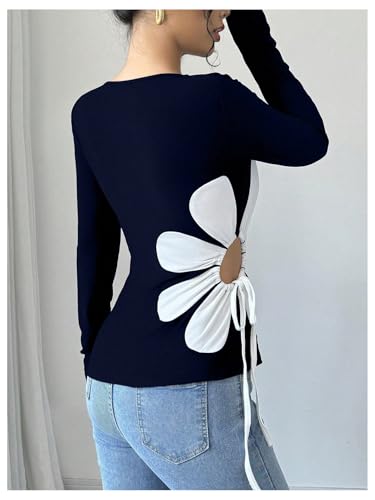 Women's Floral Pattern Hollow Out Tie Side T Shirts Crew Neck Long Sleeve Tee Tops