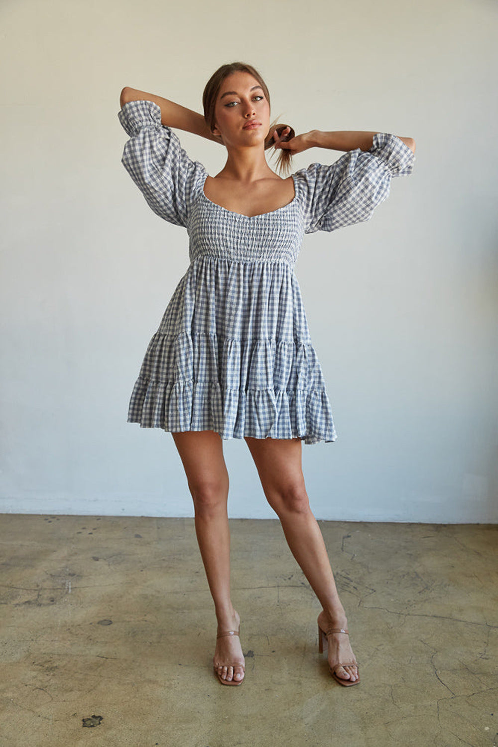 Square Collar Short Sleeve Plaid High Waist Dress