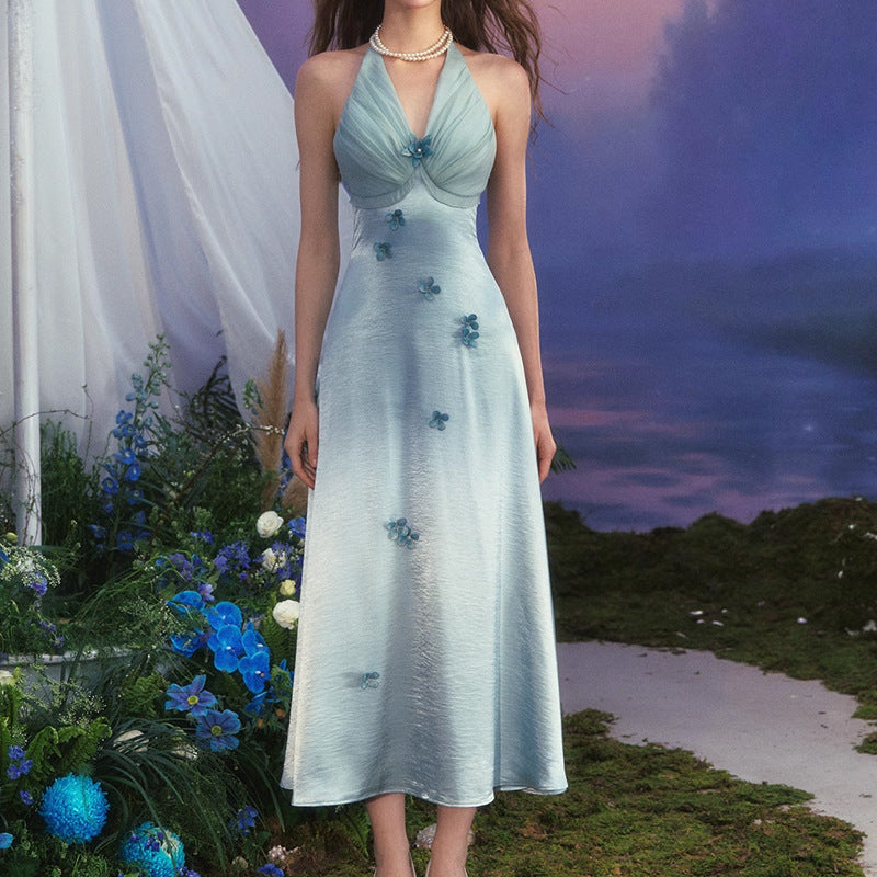 French Vacation Style Halter Blue Flower Dress