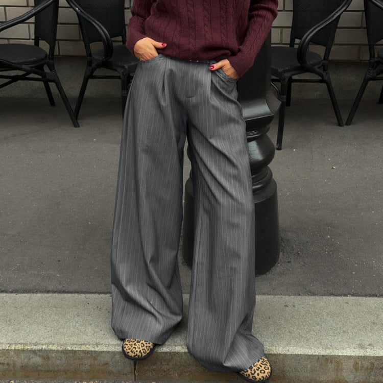 Retro High Waist Loose Striped Straight Suit Pants