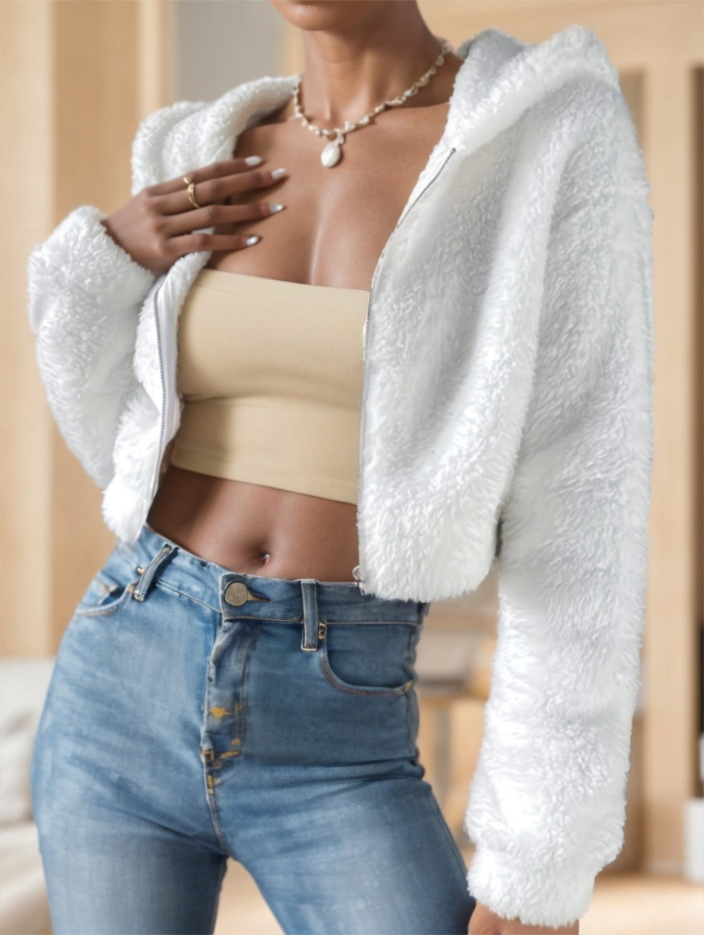 Solid Color Zip-up Teddy Hoodie, Casual Long Sleeve Hoodie Jacket