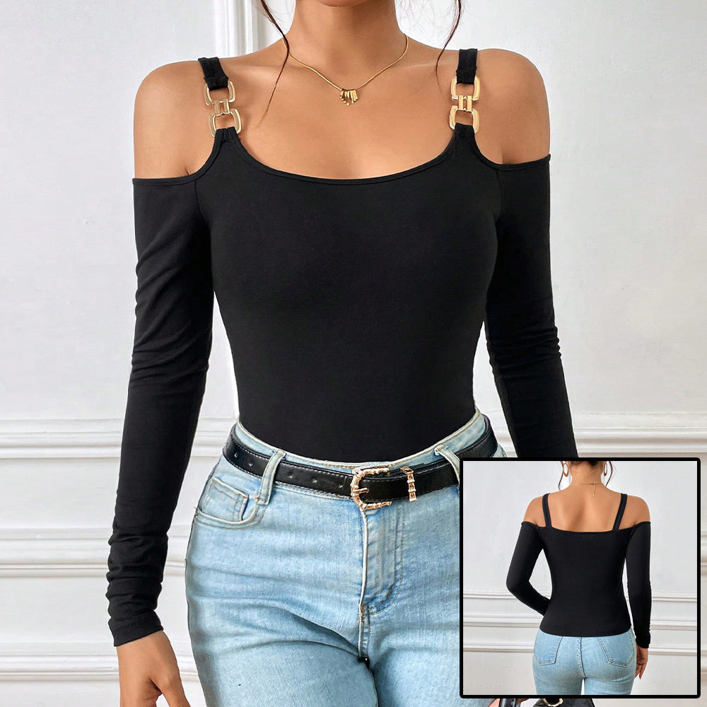 Women's Simple Suspender Off-Shoulder Metal Hook Long-Sleeved Sexy Top