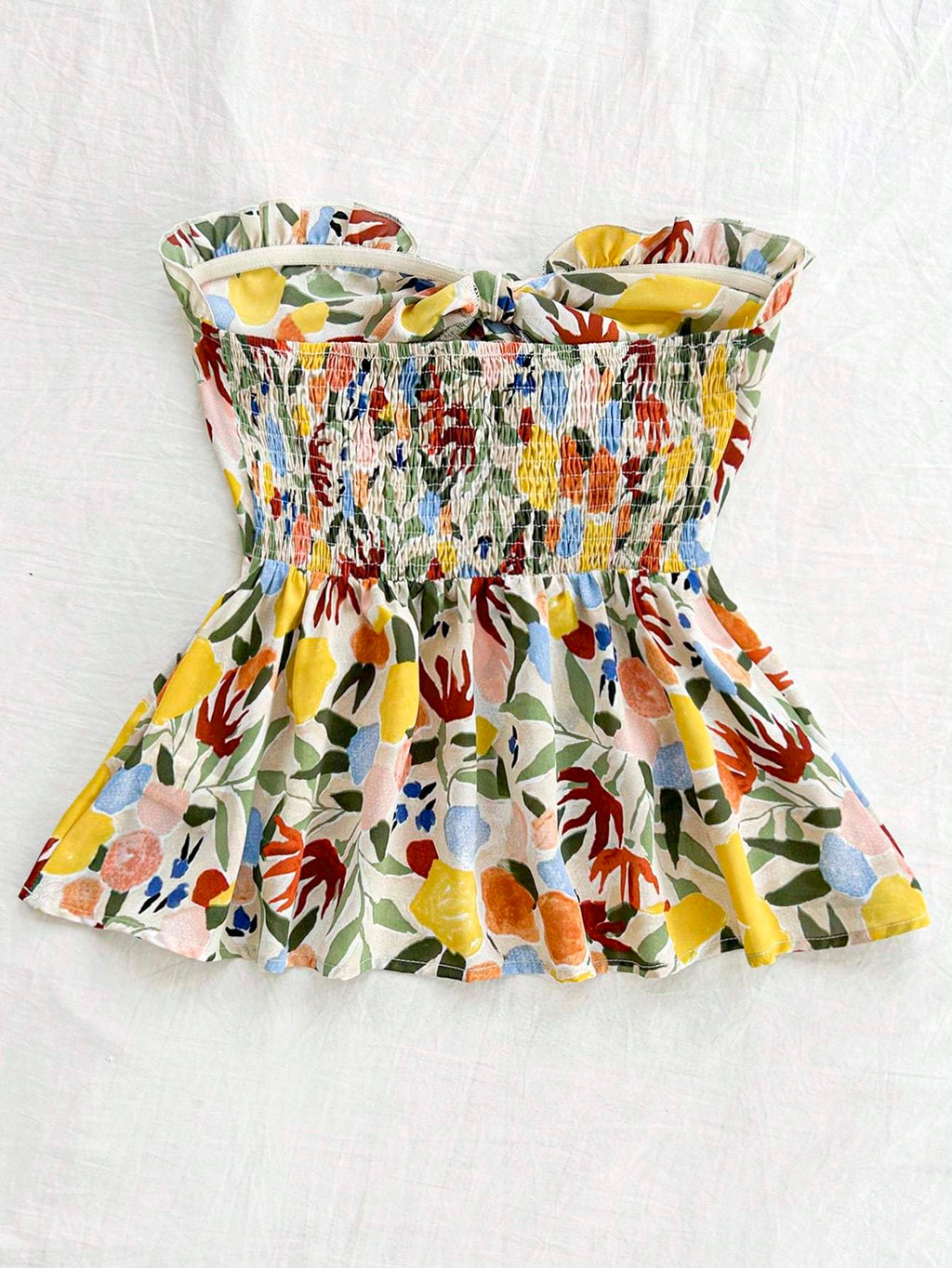 Strapless Cinched Waist Ruffle Hem Floral Printed Top