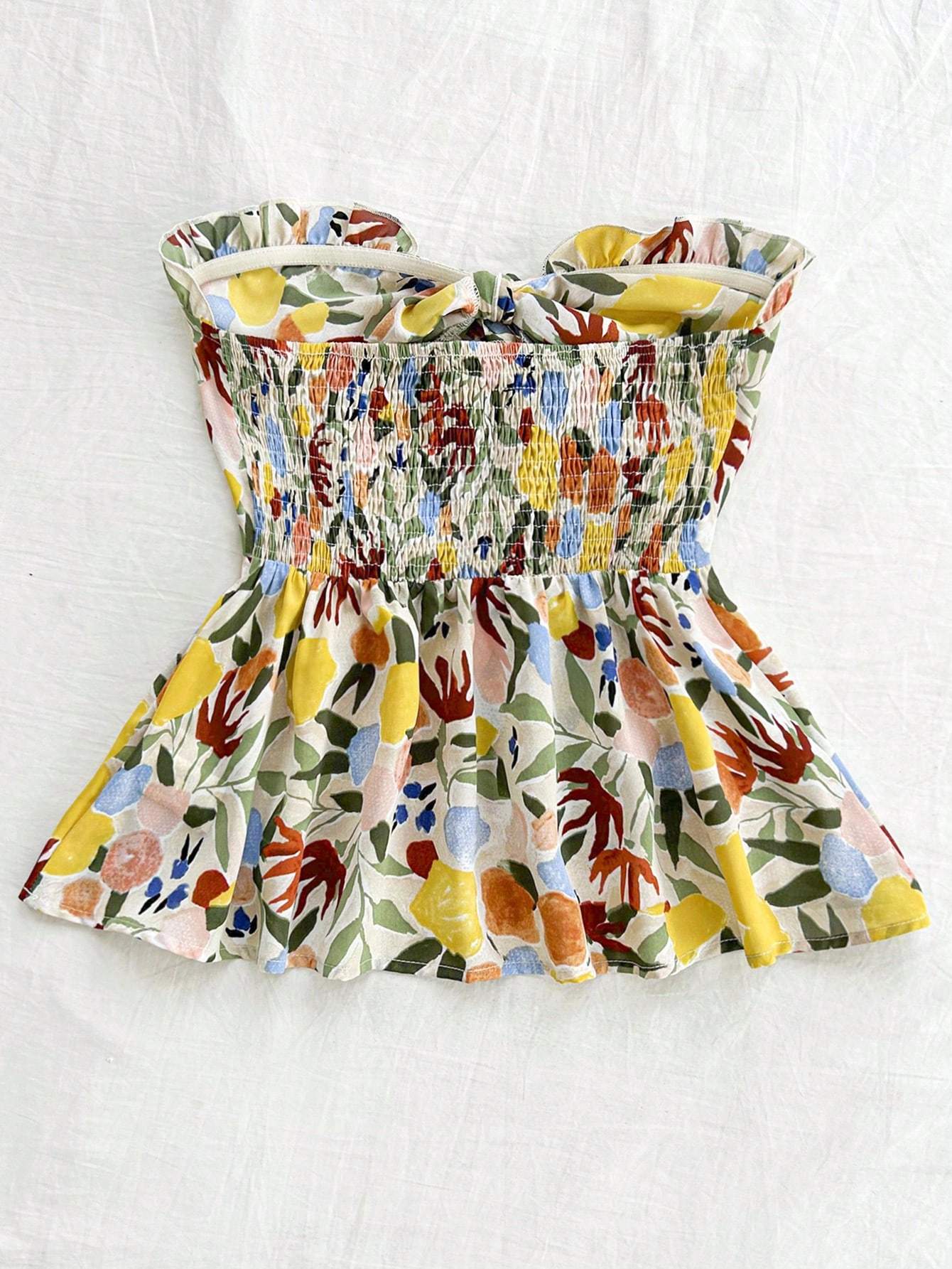 Strapless Cinched Waist Ruffle Hem Floral Printed Top