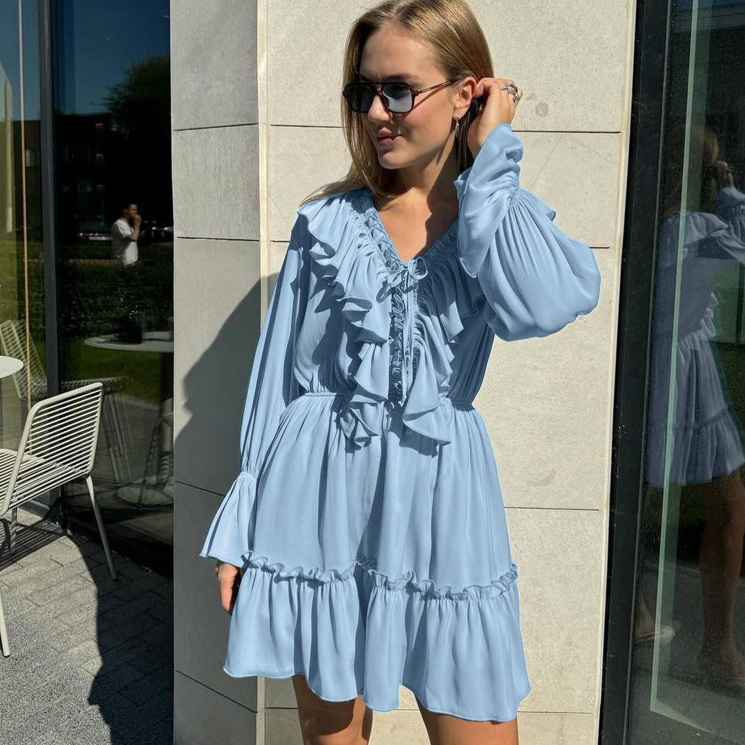 V Neck Pleated Ruffle Long Sleeve Dress Y2K V Neck Flared Sleeve Short Dress Women's Clothing