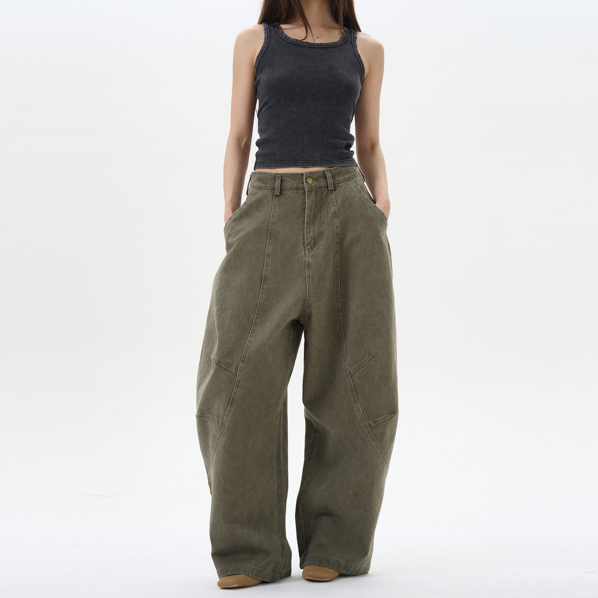 Retro Green Brown Loose Matchet Pants Women