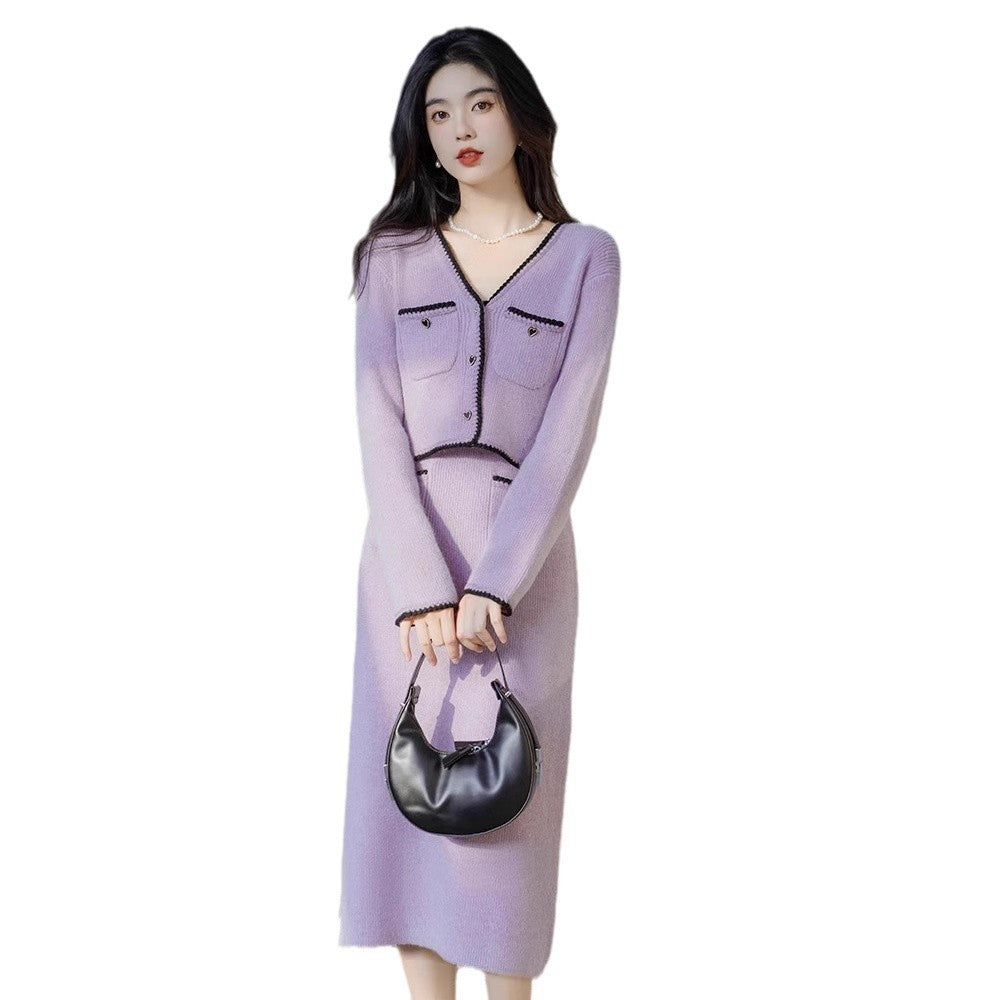 High-grade Pure Desire Style Purple Sweater With Suspenders Cardigan Two-piece Set