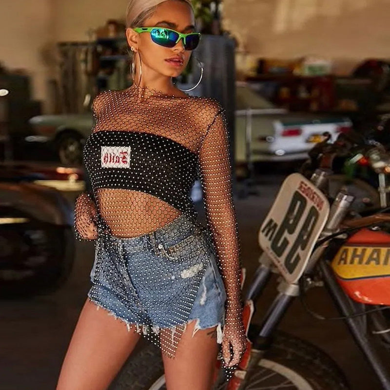 Women Rhinestone Cutout Mesh Top Blouse