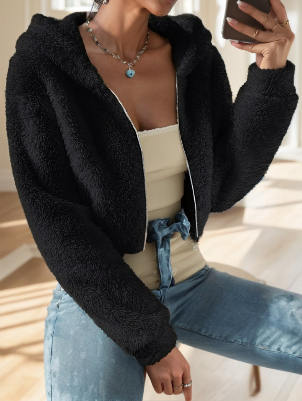 Solid Color Zip-up Teddy Hoodie, Casual Long Sleeve Hoodie Jacket